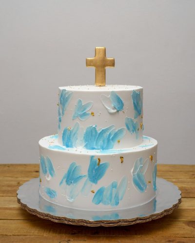 Torta battesimo bambino spatolata in azzurro